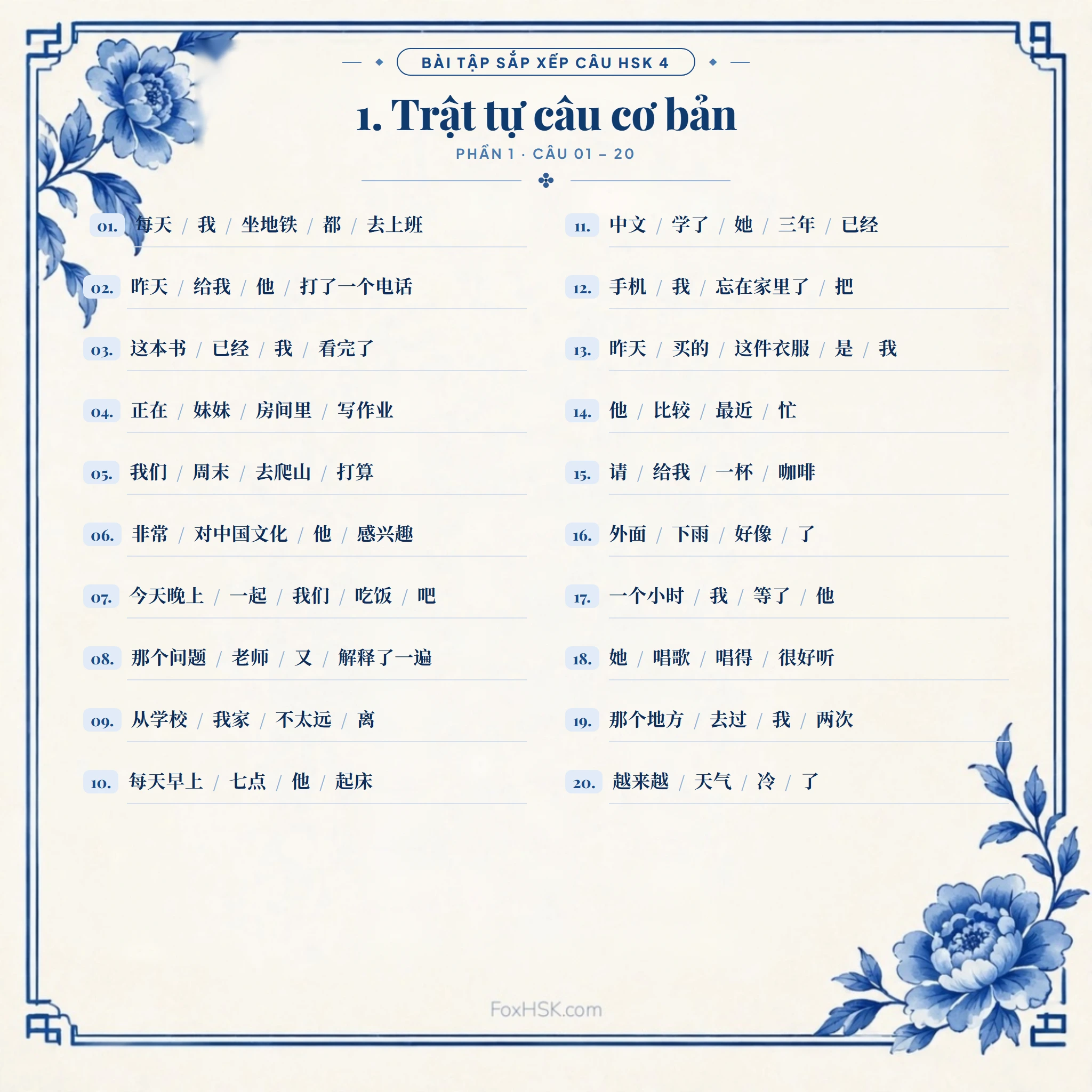 Phần 1: Trật tự câu cơ bản - 100 câu sắp xếp HSK 4