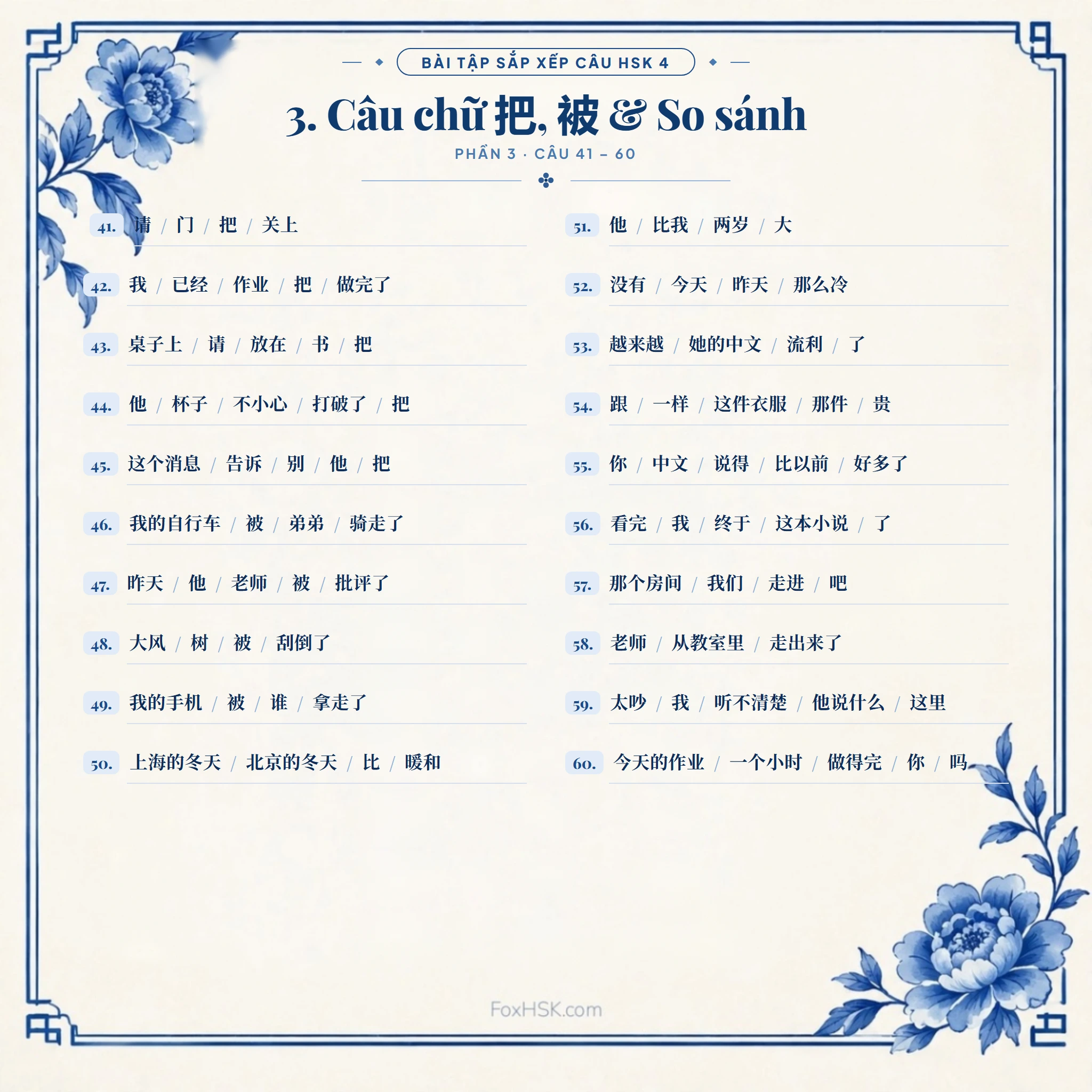 Phần 3: Câu chữ 把, 被 & So sánh - 100 câu sắp xếp HSK 4