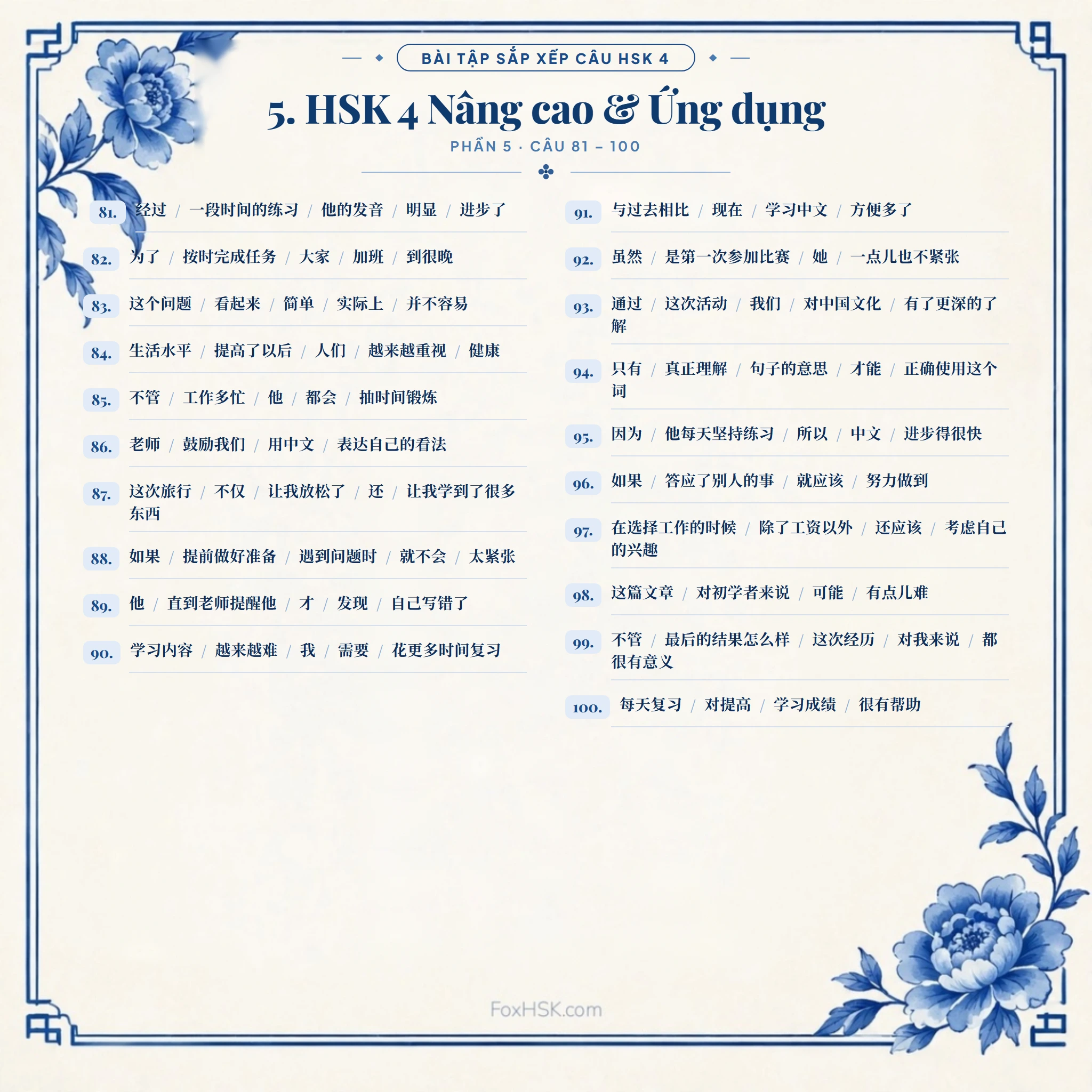 Phần 5: HSK 4 Nâng cao & Ứng dụng - 100 câu sắp xếp HSK 4