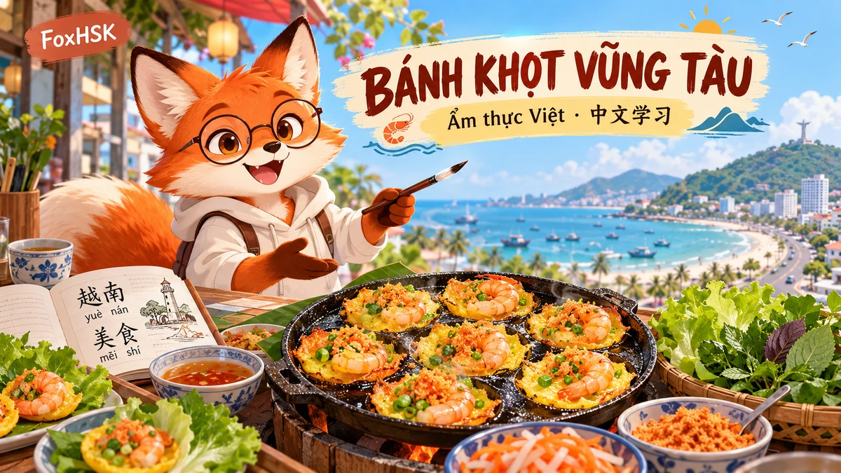 Bánh Khọt Vũng Tàu – Vũ Điệu Khuôn Đất Giòn Rụm & Tôm Tươi Bờ Biển (头顿鲜虾酥脆小煎饼-陶模现烤、金黄脆壳、鲜海虾与虾粉甘甜): Cẩm Nang Song Ngữ & Từ Vựng Ẩm Thực - FoxHSK