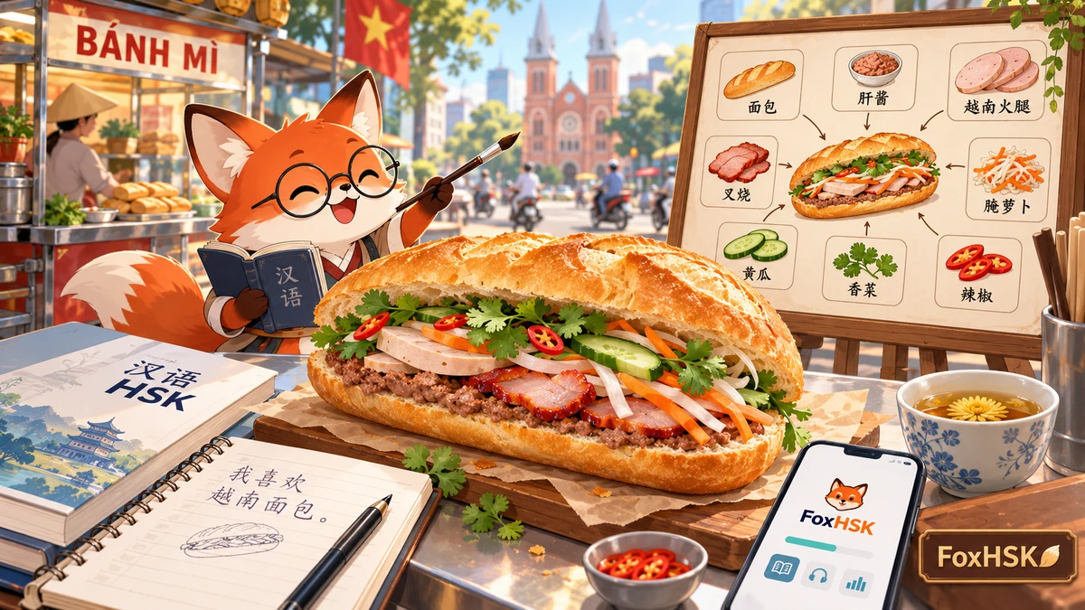 Bánh Mì Việt Nam – Huyền Thoại Ổ Bánh Giòn Rụm, Patê Gan Béo Ngậy & Cuộc Cách Mạng Ẩm Thực Đường Phố Toàn Cầu (越南法棍-酥脆空气感法棍、香浓肝酱与全球街头三明治传奇): Cẩm Nang Song Ngữ & Từ Vựng Ẩm Thực - FoxHSK