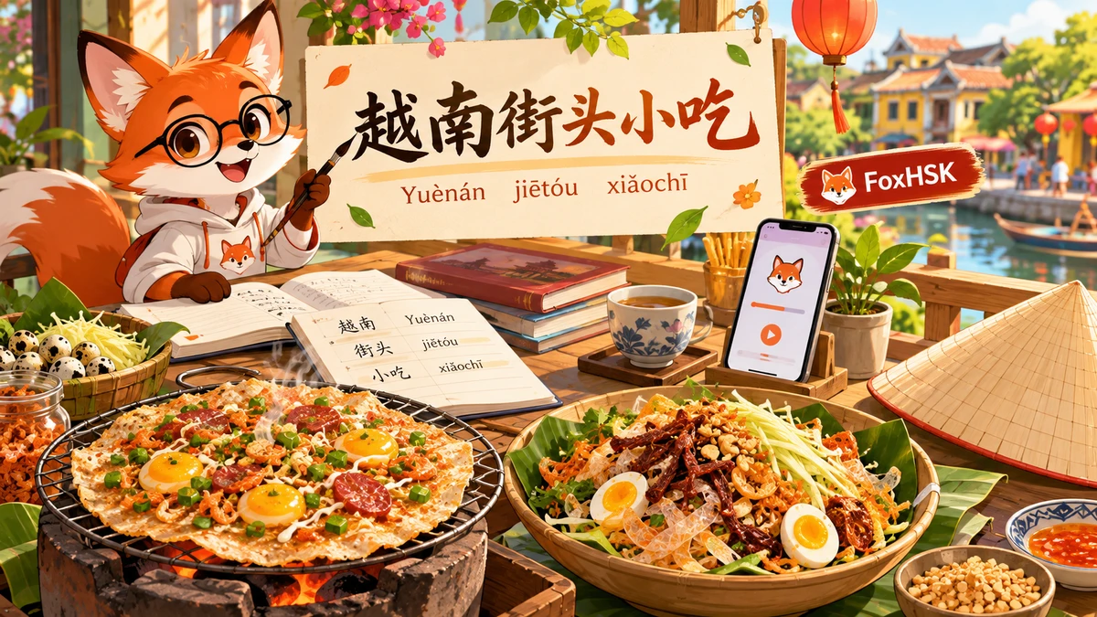 Bánh Tráng Nướng & Bánh Tráng Trộn – Pizza Việt Nam, Hương Vị Bò Khô Xoài Xanh & Cơn Sốt Ăn Vặt Giới Trẻ (越南烤米纸与拌米纸-越南披萨、芒果丝牛肉干与街头零食风暴): Cẩm Nang Song Ngữ & Từ Vựng Ẩm Thực - FoxHSK