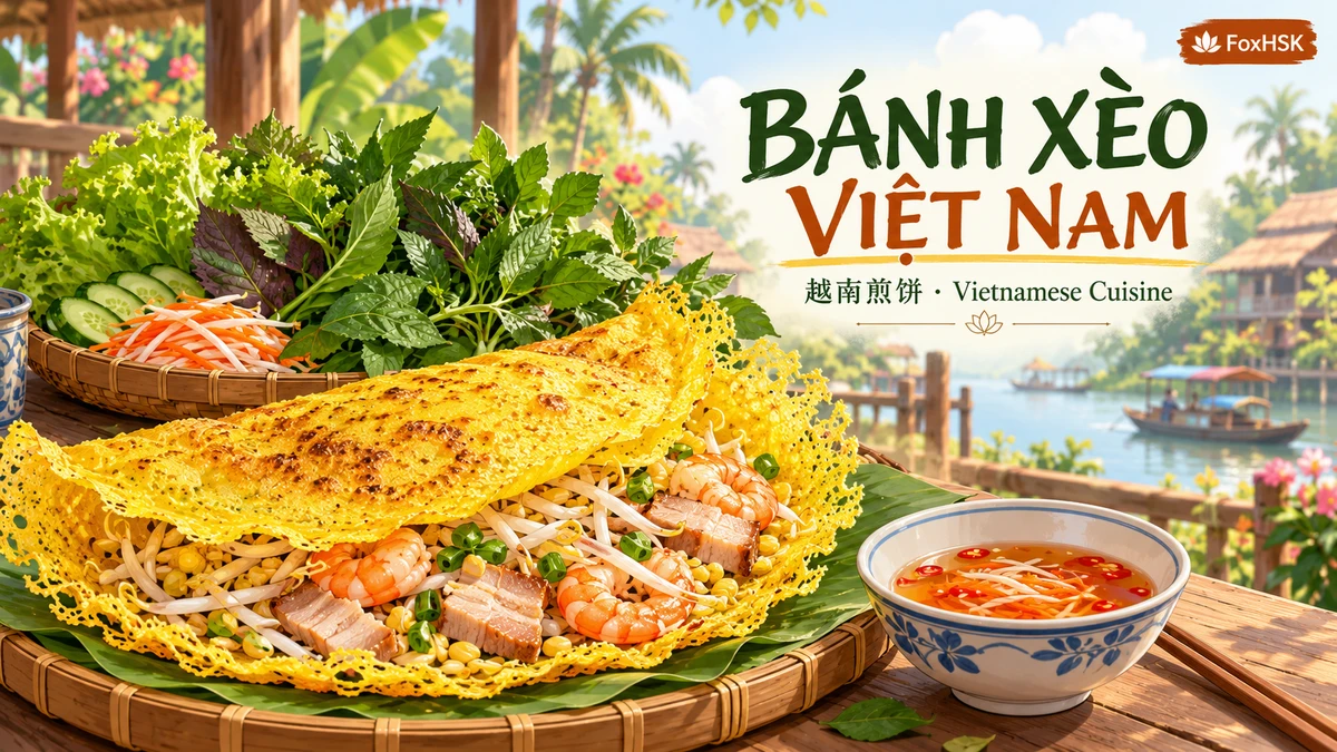 Bánh Xèo Ba Miền Việt Nam – Âm Vang 'Xèo Xèo' Vàng Ruộm & Vũ Điệu Rau Rừng Nhiệt Đới (越南姜黄香脆煎饼-金黄薄脆、鲜虾肉馅与热带森林野菜): Cẩm Nang Song Ngữ & Từ Vựng Ẩm Thực - FoxHSK