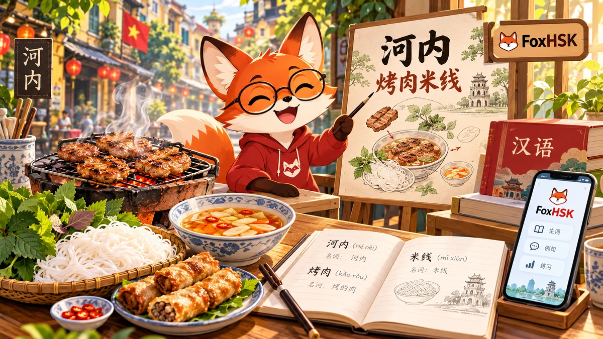 Bún Chả Hà Nội – Thịt Nướng Than Hoa, Nem Rán & Nước Mắm Chua Ngọt (河内烤肉米粉-炭烤肉饼、炸春卷与酸甜鱼露): Cẩm Nang Song Ngữ & Từ Vựng Ẩm Thực - FoxHSK