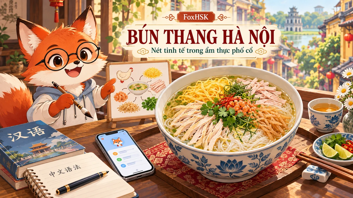 Bún Thang Hà Nội – Đỉnh Cao Nghệ Thuật Ẩm Thực Tinh Tế & Nước Dùng Tôm He (河内梯汤米粉-雅致国宴、鸡丝蛋皮与干虾高汤): Cẩm Nang Song Ngữ & Từ Vựng Ẩm Thực - FoxHSK