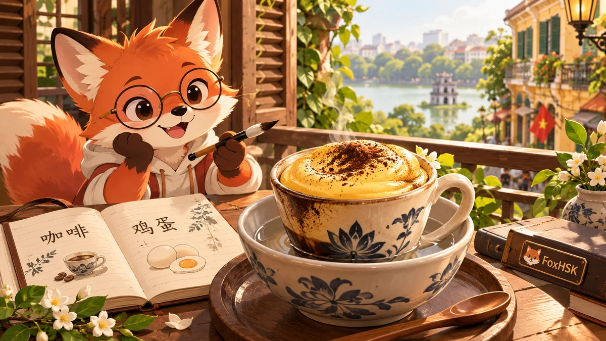 Cà Phê Trứng Hà Nội – Lớp Kem Trứng Bồng Bềnh, Vị Đắng Nồng Nàn & Huyền Thoại Cà Phê Giảng Phố Cổ (河内鸡蛋咖啡-绵密蛋黄奶霜、浓烈罗布斯塔与江咖啡百年传奇): Cẩm Nang Song Ngữ & Từ Vựng Ẩm Thực - FoxHSK