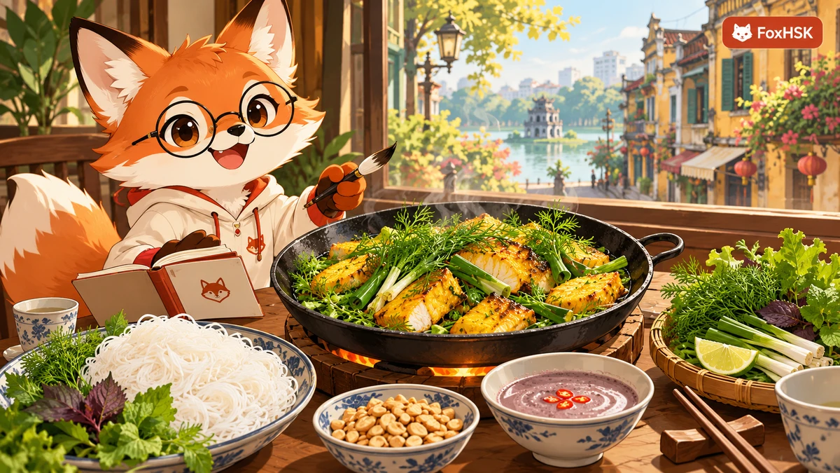 Chả Cá Lã Vọng Hà Nội – Tinh Hoa Trăm Năm Phố Cổ & Nghệ Thuật Chảo Gang Thì Là Mắm Tôm (河内吕望烤鱼-百年古街传奇、莳萝葱段与秘制发酵虾酱): Cẩm Nang Song Ngữ & Từ Vựng Ẩm Thực - FoxHSK