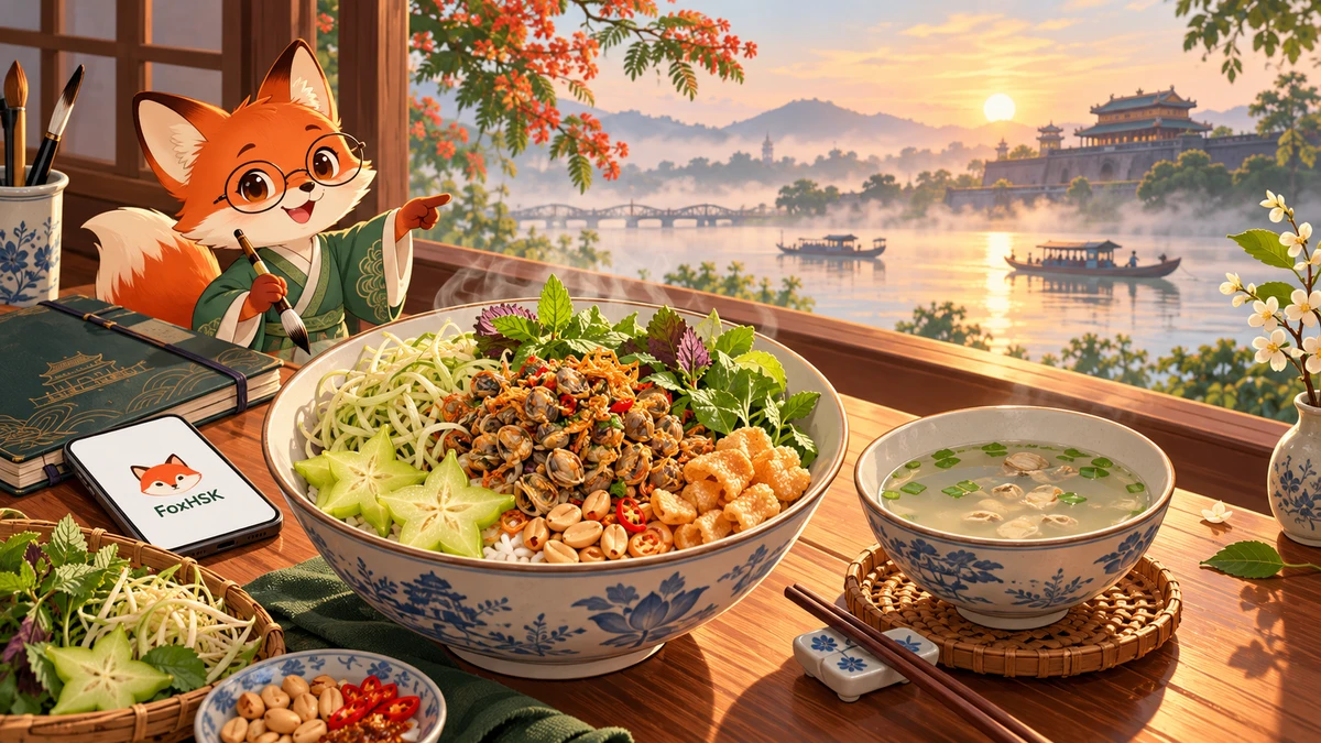 Cơm Hến Xứ Huế – Vị Cay Xé Lưỡi, Hến Cồn Hến Cực Phẩm & Hồn Cốt Dân Dã Sông Hương (顺化蚬肉饭-香江天然蚬肉、极辣生鲜香草与古都平民魂): Cẩm Nang Song Ngữ & Từ Vựng Ẩm Thực - FoxHSK
