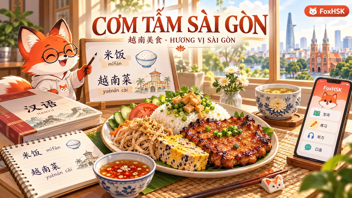 Cơm Tấm Sài Gòn – Sườn Bì Chả & Hương Vị Khói Than Nồng Đượm Đường Phố Nam Bộ (西贡碎米饭-炭烤猪排、肉皮丝与蒸肉饼的南越烟火传奇): Cẩm Nang Song Ngữ & Từ Vựng Ẩm Thực - FoxHSK