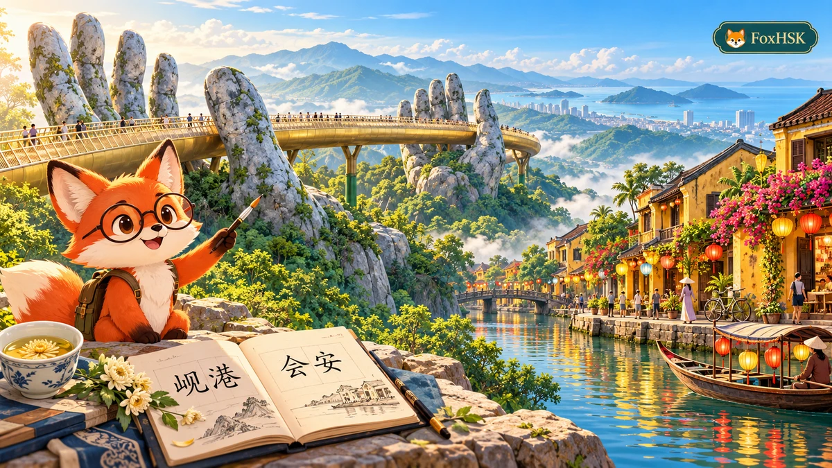 Đà Nẵng & Hội An – Cầu Vàng Bà Nà Hills & Phố Cổ Hội An (岘港-巴拿山黄金桥与会安古镇): Cẩm Nang Song Ngữ & Từ Vựng Du Lịch - FoxHSK