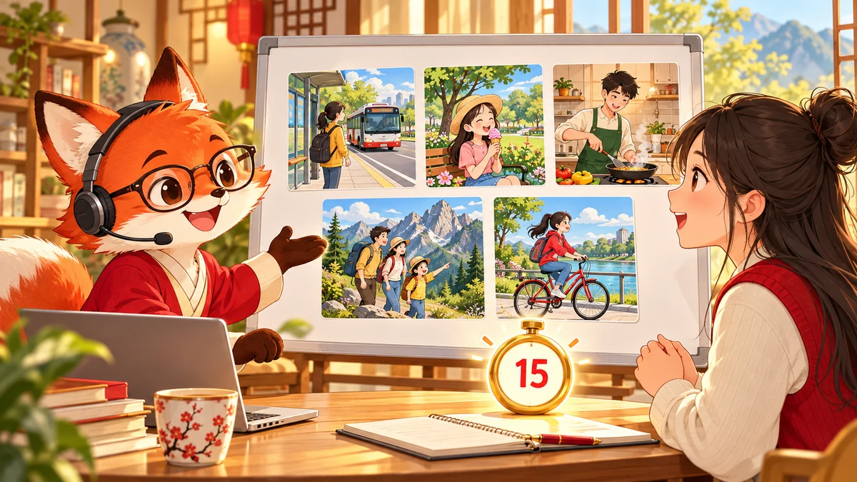 Dạng Bài Nhìn Tranh Để Nói HSKK Sơ Cấp Theo Format HSK 3.0: Trọn Bộ 25 Mẫu Câu Thực Chiến (15 Giây/Câu) - FoxHSK