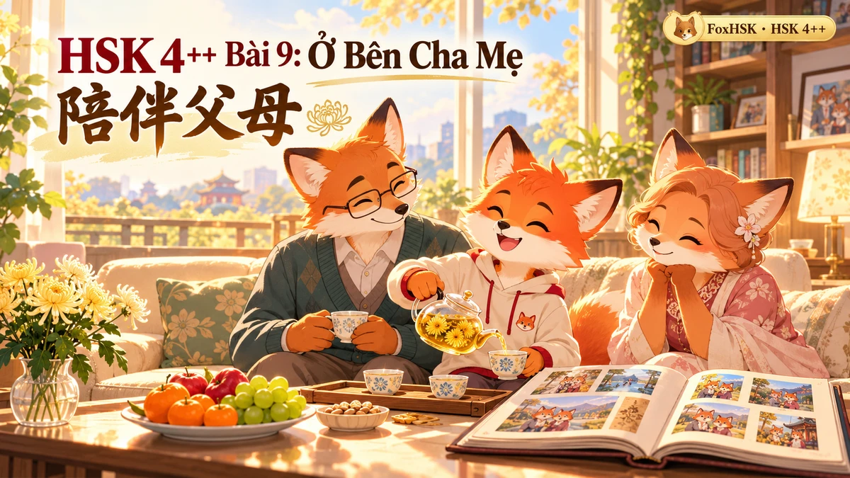 Giáo Trình HSK 4++ Bài 9: Ở Bên Cha Mẹ (陪伴父母) — Bổ Ngữ Khả Năng & Đạo Hiếu Thời Hiện Đại - FoxHSK