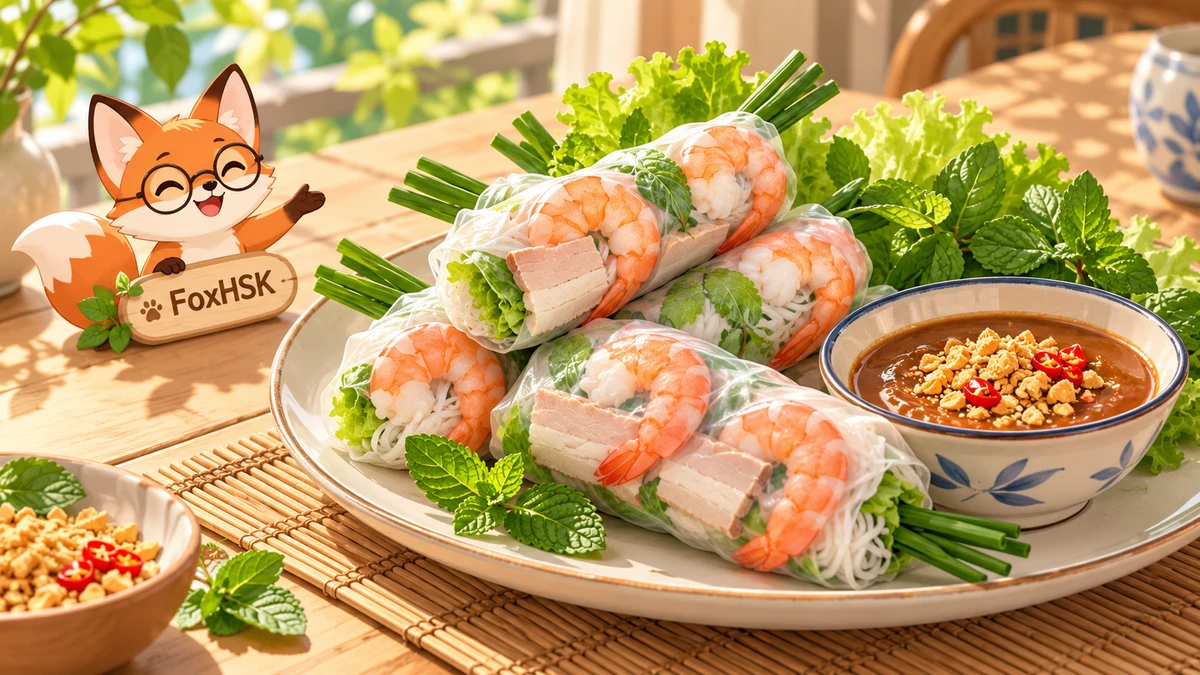 Gỏi Cuốn Tôm Thịt Việt Nam – Thanh Mát Đỉnh Cao Ẩm Thực Healthy Thế Giới & Tương Chấm Đậu Phộng (越南鲜虾米纸卷-清爽生春卷、五花肉与秘制花生花生酱): Cẩm Nang Song Ngữ & Từ Vựng Ẩm Thực - FoxHSK