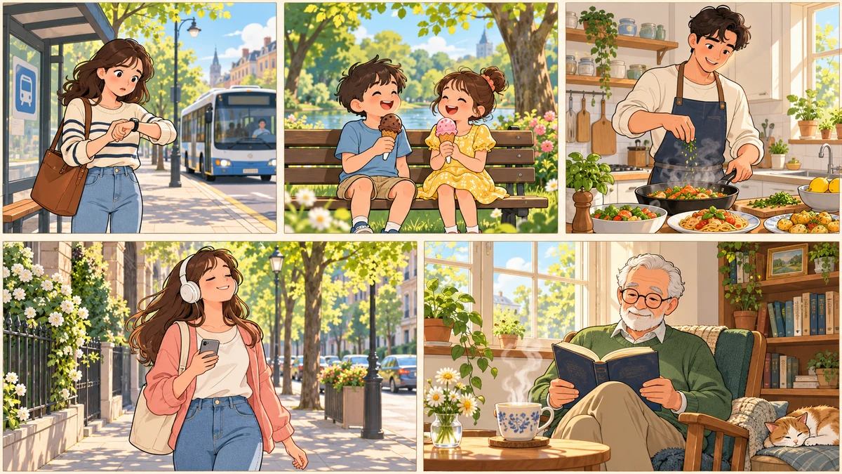 Tranh minh họa 5 tình huống Nhìn tranh nói HSKK Sơ cấp Format 3.0 Nhóm 1: Đợi xe buýt, Ăn kem công viên, Nấu ăn, Đi bộ nghe nhạc, Cụ già đọc sách uống trà