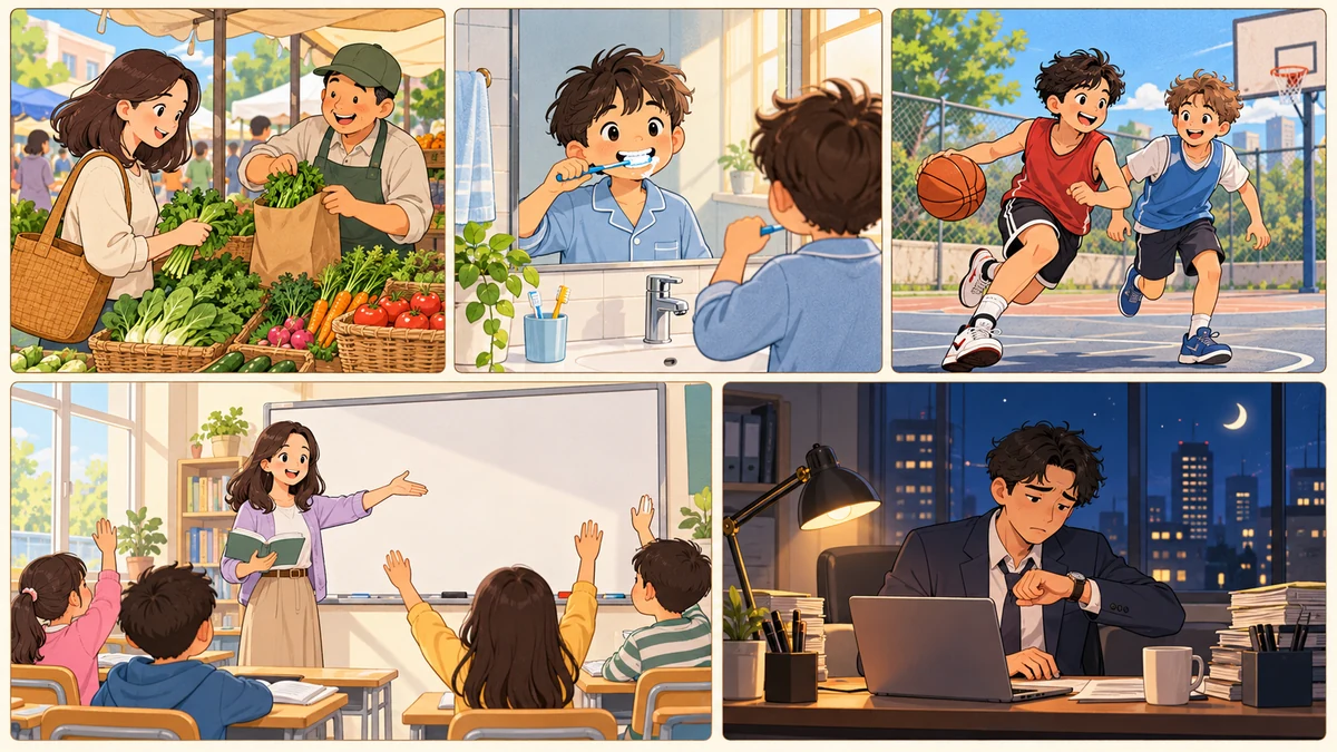 Tranh minh họa 5 tình huống Nhìn tranh nói HSKK Sơ cấp Format 3.0 Nhóm 3: Mua rau ở chợ, Cậu bé đánh răng, Chơi bóng rổ, Lớp học giơ tay phát biểu, Làm việc muộn ở văn phòng