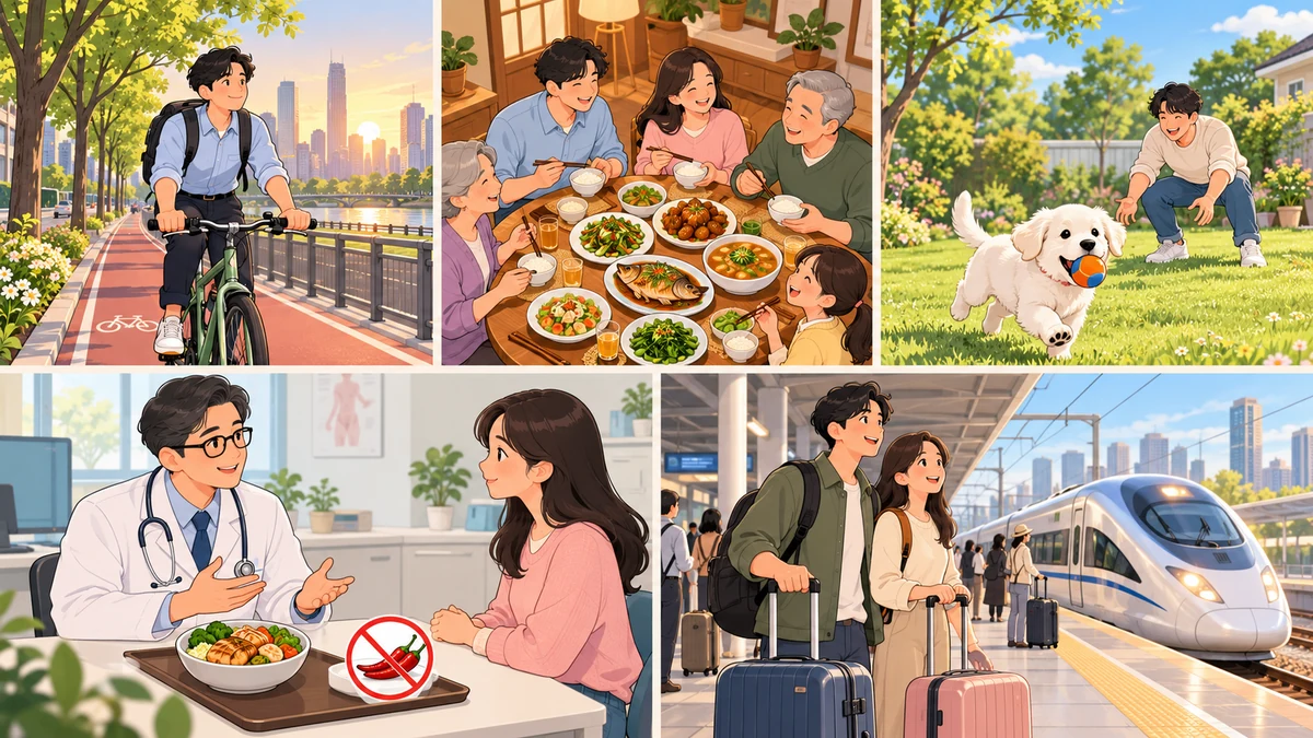 Tranh minh họa 5 tình huống Nhìn tranh nói HSKK Sơ cấp Format 3.0 Nhóm 5: Đạp xe đi làm, Bữa tối gia đình, Chú chó chạy trên bãi cỏ, Bác sĩ khám bệnh, Đợi tàu ở nhà ga