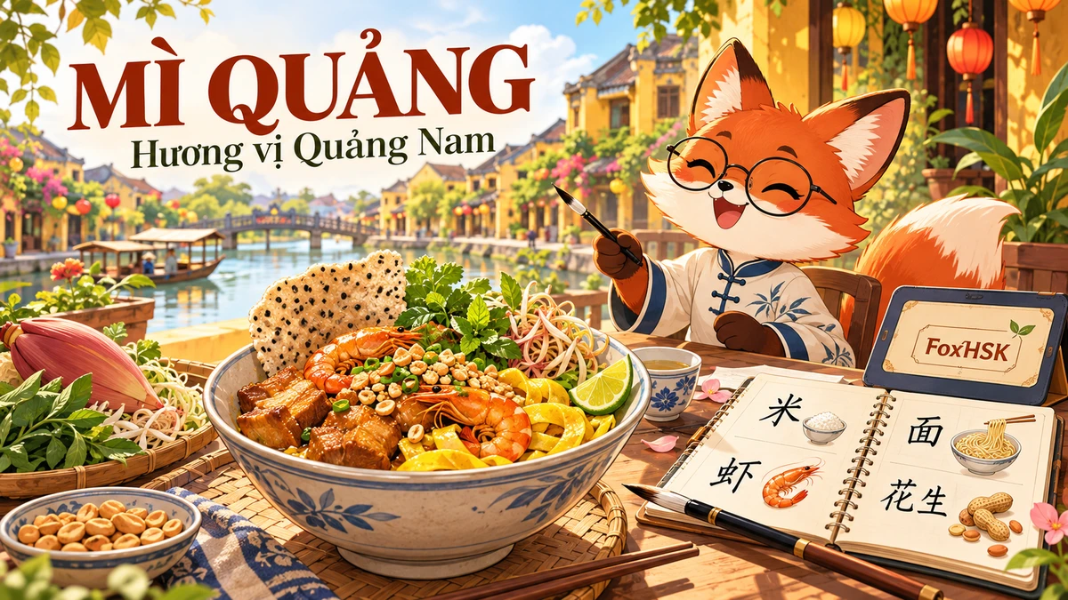 Mì Quảng – Đậm Đà Hương Vị Xứ Quảng & Nghệ Thuật Nước Xốt Xăm Xắp (广南姜黄米面-少汤浓汁、红葱虾肉与酥脆米饼): Cẩm Nang Song Ngữ & Từ Vựng Ẩm Thực - FoxHSK