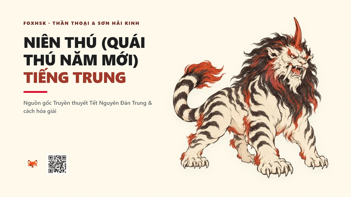 Niên Thú (Quái Thú Năm Mới) Tiếng Trung Là Gì? (年兽 - niánshòu) • Nguồn Gốc Phong Tục Đón Tết Quá Niên, Đốt Pháo Đỏ & Dán Câu Đối Xuân - FoxHSK