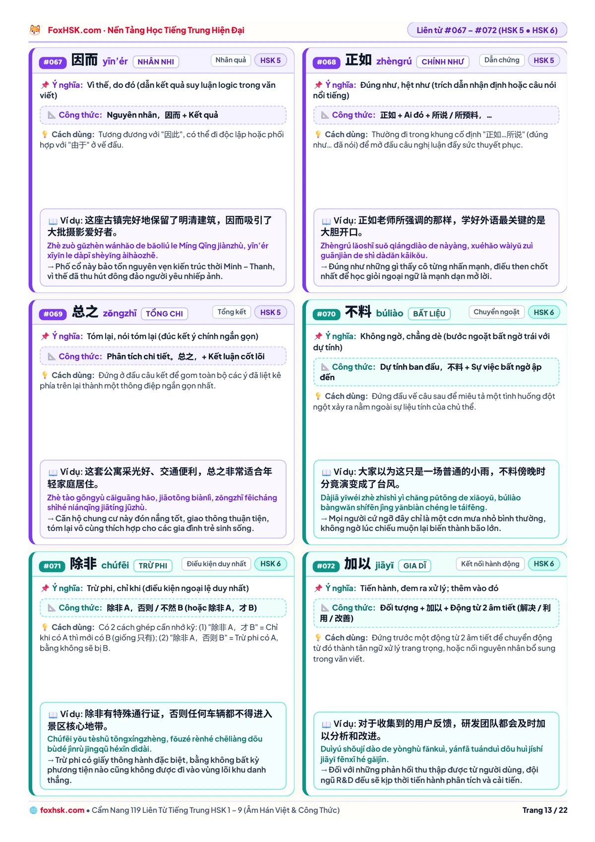Cẩm nang 119 liên từ tiếng Trung HSK 1-9 - Trang 13: HSK 5 & HSK 6: 因而, 正如, 总之, 不料, 除非, 加以