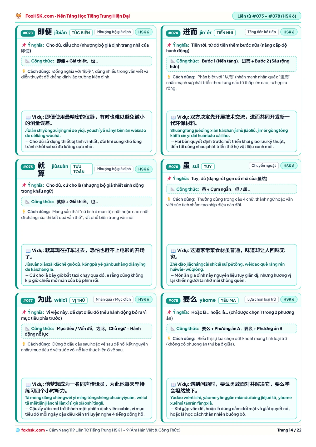 Cẩm nang 119 liên từ tiếng Trung HSK 1-9 - Trang 14: HSK 6: 即便, 进而, 就算, 虽, 为此, 要么