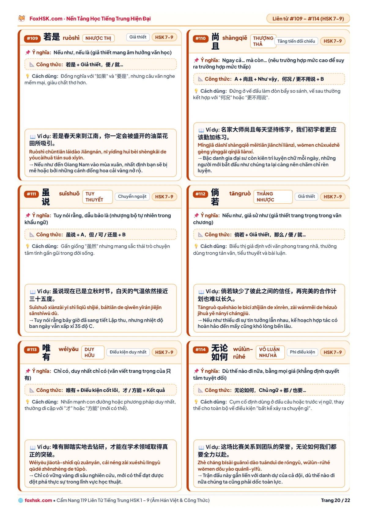 Cẩm nang 119 liên từ tiếng Trung HSK 1-9 - Trang 20: HSK 7–9: 若是, 尚且, 虽说, 倘若, 唯有, 无论如何