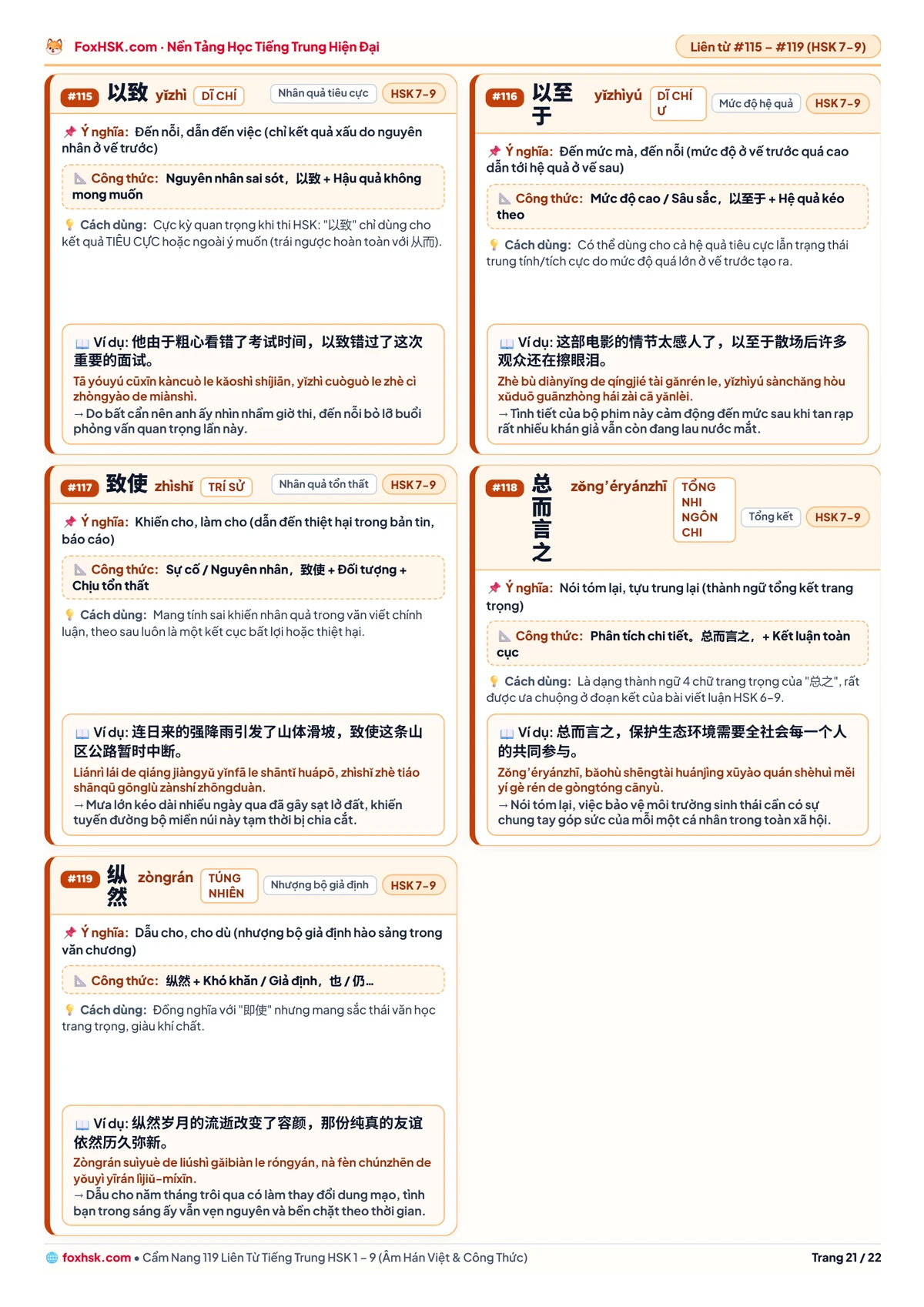 Cẩm nang 119 liên từ tiếng Trung HSK 1-9 - Trang 21: HSK 7–9: 以致, 以至于, 致使, 总而言之, 纵然