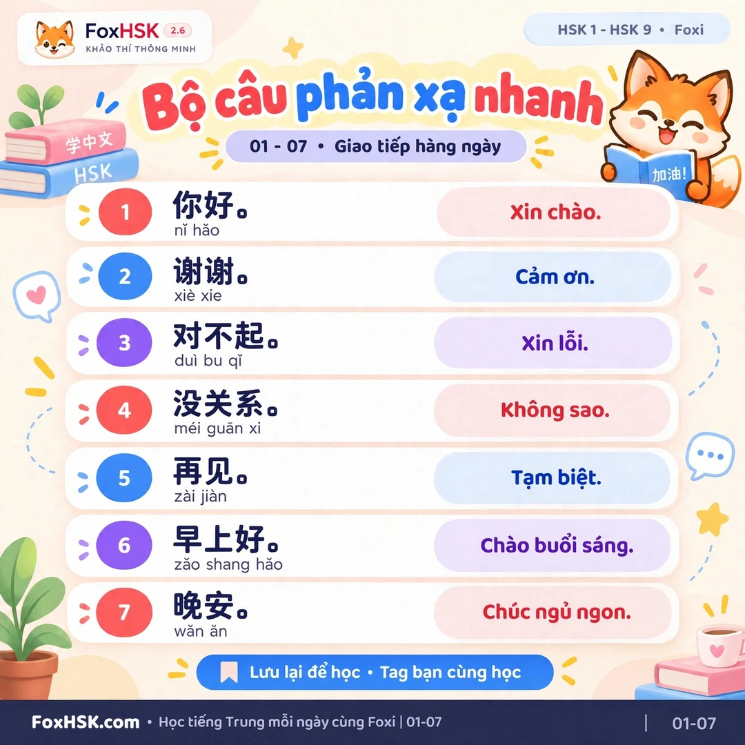 Bộ câu phản xạ nhanh tiếng Trung Câu 01 – 07 - Chào hỏi lịch sự hằng ngày