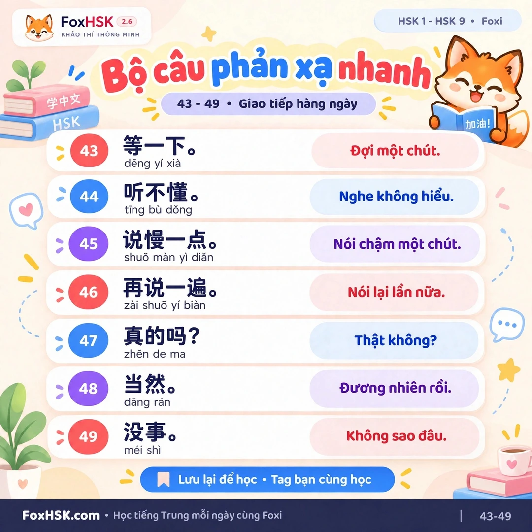 Bộ câu phản xạ nhanh tiếng Trung Câu 43 – 49 - Phản hồi & xác nhận thông tin