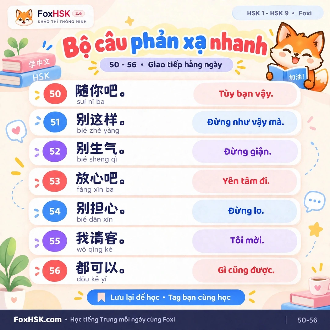 Bộ câu phản xạ nhanh tiếng Trung Câu 50 – 56 - An ủi, chiều bạn & đãi khách
