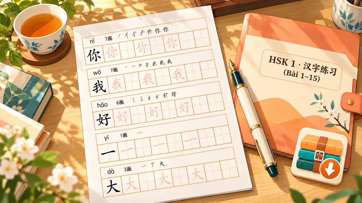 Tải File Luyện Viết Chữ Hán HSK 1 PDF & ZIP Theo Từng Bài (Trọn Bộ 15 Bài Kèm Thứ Tự Nét) - FoxHSK