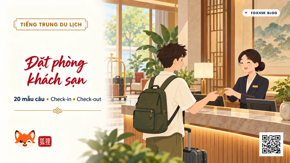 Học Tiếng Trung Theo Chủ Đề: Đặt Phòng Khách Sạn & Check-in/out (酒店预订、入住与退房手续) - 20 Mẫu Câu, Từ Vựng & Ngữ Pháp | FoxHSK - FoxHSK