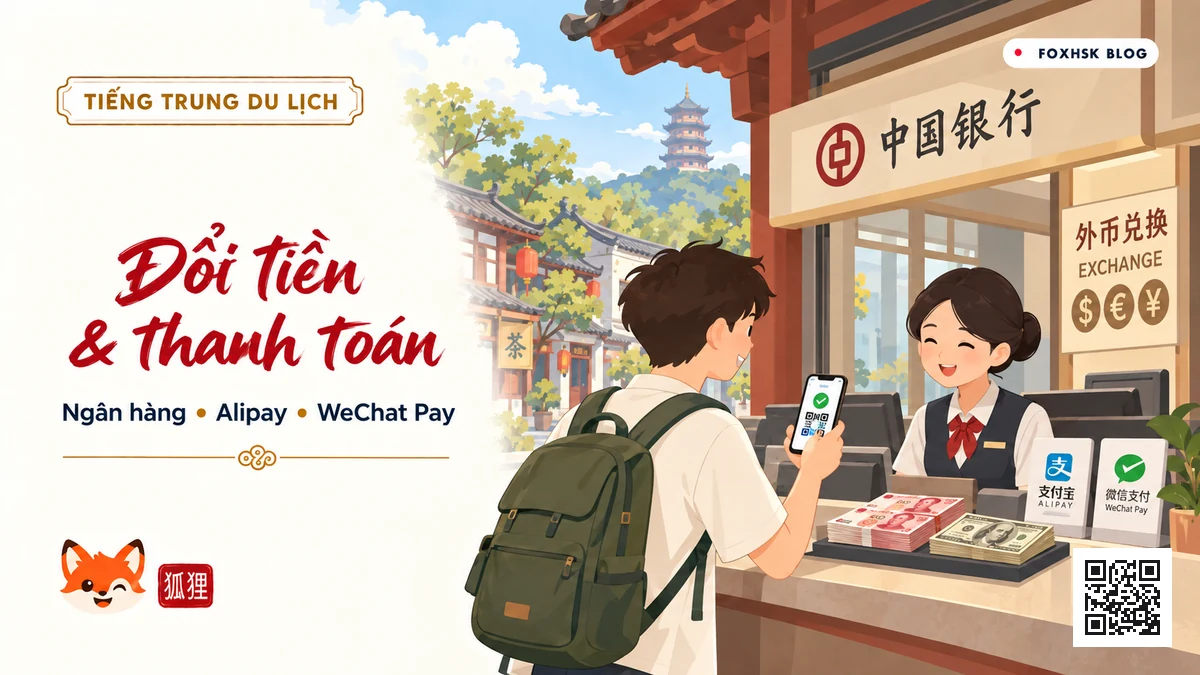 Học Tiếng Trung Theo Chủ Đề: Đổi Tiền, Ngân Hàng & Alipay / WeChat Pay (银行换汇、移动支付与绑定) - 20 Mẫu Câu, Từ Vựng & Ngữ Pháp | FoxHSK - FoxHSK