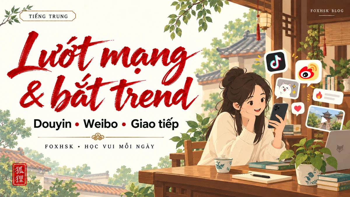 Học Tiếng Trung Theo Chủ Đề: Lướt Mạng Douyin, Weibo & Bắt Trend (网络冲浪、刷抖音刷微博与网络热梗) - 20 Mẫu Câu, Từ Vựng & Ngữ Pháp | FoxHSK - FoxHSK