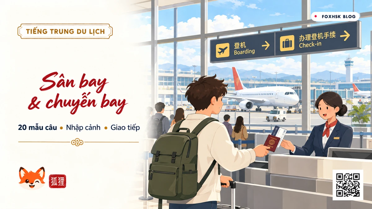 Học Tiếng Trung Theo Chủ Đề: Sân Bay, Chuyến Bay & Nhập Cảnh (机场值机、安检与海关出入境) - 20 Mẫu Câu, Từ Vựng & Ngữ Pháp | FoxHSK - FoxHSK