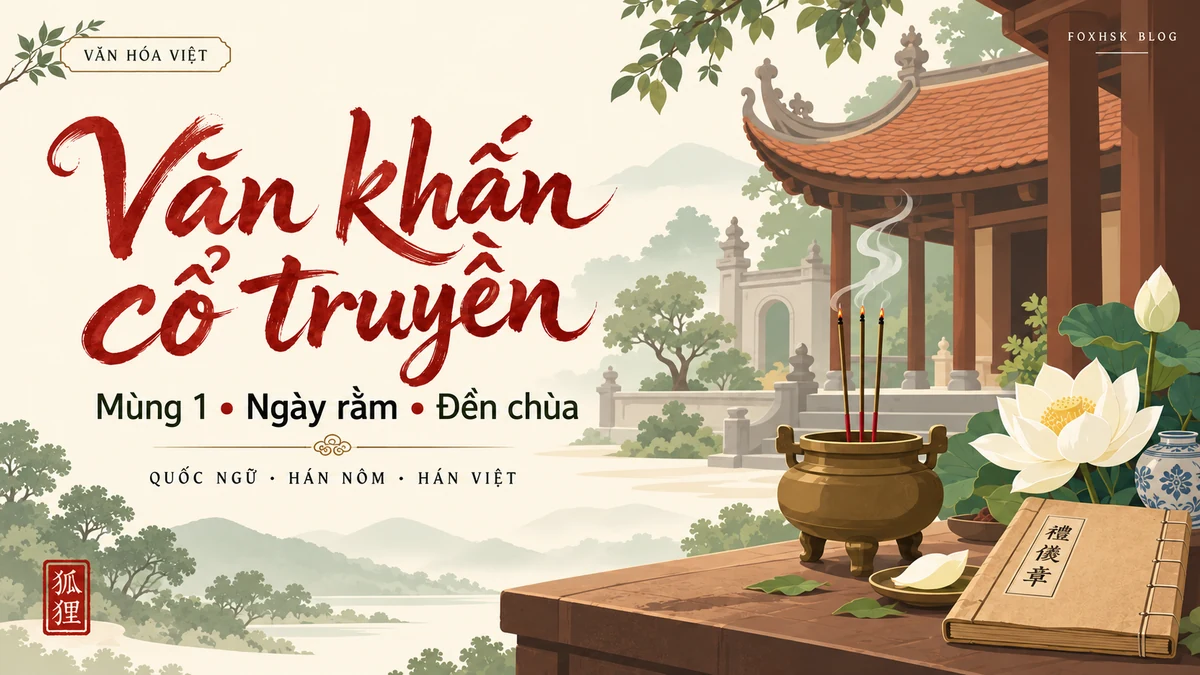 Tổng Hợp Văn Khấn Mùng 1, Ngày Rằm Và Đi Đền Chùa Chuẩn Cổ Truyền Tam Ngữ (Quốc Ngữ, Hán Nôm & Hán Việt) - FoxHSK
