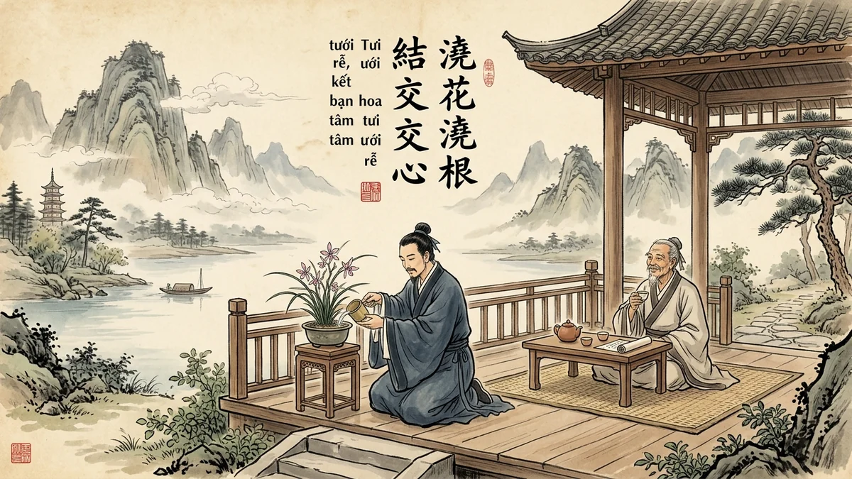 Ý Nghĩa Câu Tục Ngữ “浇花浇根,交人交心” (Tưới Hoa Tưới Rễ, Giao Người Giao Tâm): Triết Lý Kết Giao Chân Thành & Trọn Bộ Từ Vựng HSK Chủ Đề Tình Bạn - FoxHSK