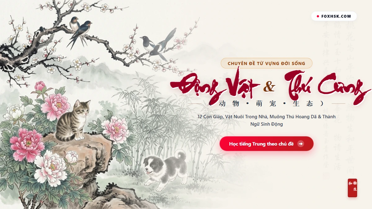 Trọn Bộ Từ Vựng Tiếng Trung Chủ Đề Động Vật & Thú Cưng (12 Con Giáp, Muông Thú Hoang Dã & 6 Thành Ngữ Tự Nhiên) - FoxHSK