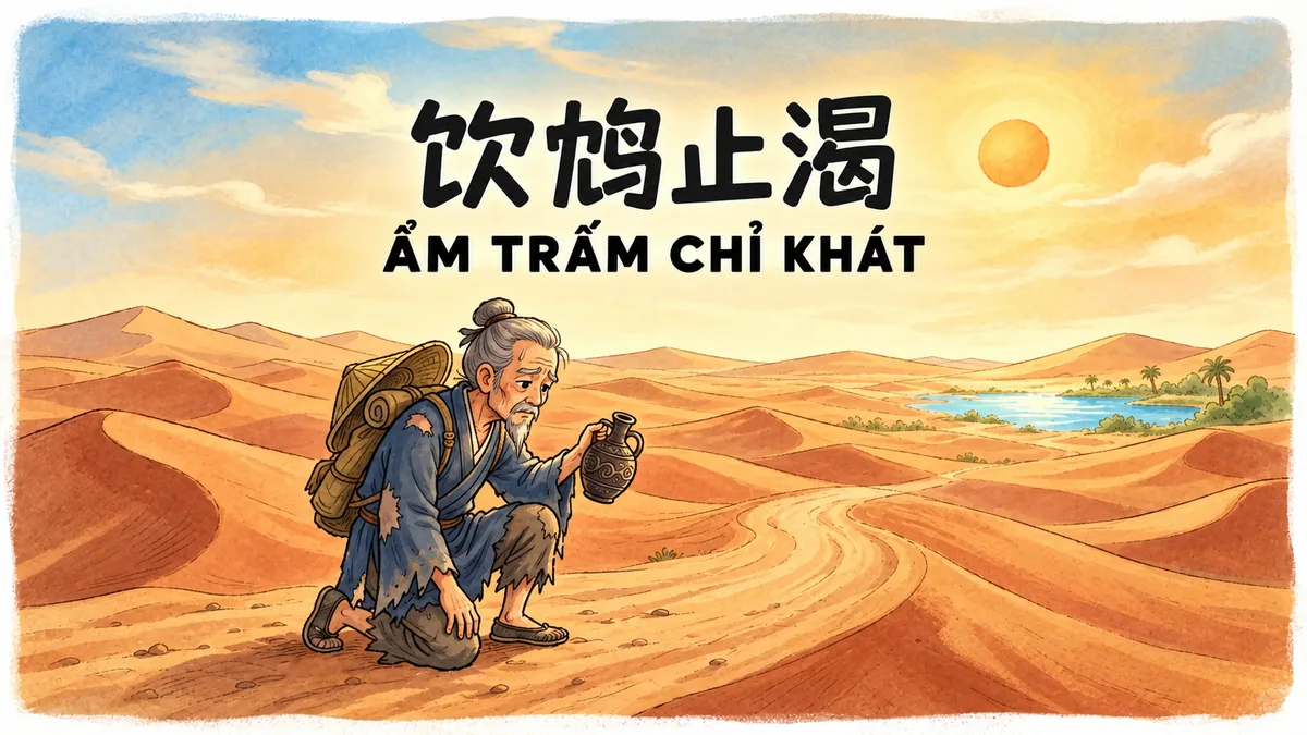 Ý Nghĩa Thành Ngữ Ẩm Thẩm Chỉ Khát (饮鸩止渴): Điển Cố Uống Rượu Độc Giải Khát & Bài Học Về Giải Pháp Tạm Thời Nguy Hiểm - FoxHSK