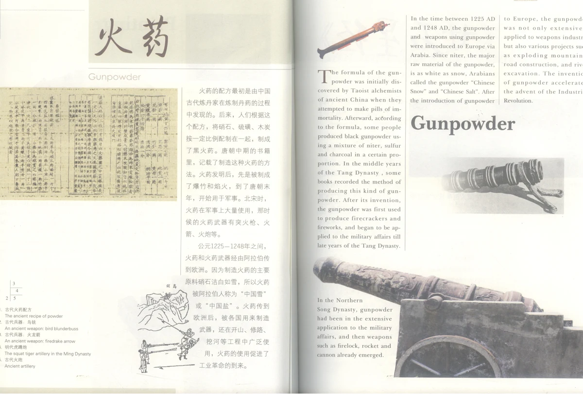 Vũ khí hỏa dược cổ đại: Hỏa long tiễn (火龙箭), Điểu súng (Súng hỏa mai) và công thức thuốc súng trong sách 《中国文化常识》 (Tr. 82 – 83).