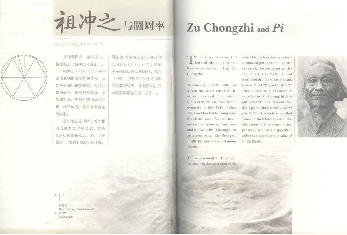 Chân dung nhà toán học Tổ Xung Chi (祖冲之) và sơ đồ thuật cắt vòng tròn (割圆术) tính số Pi trong sách 《中国文化常识》 (Tr. 88 – 89).