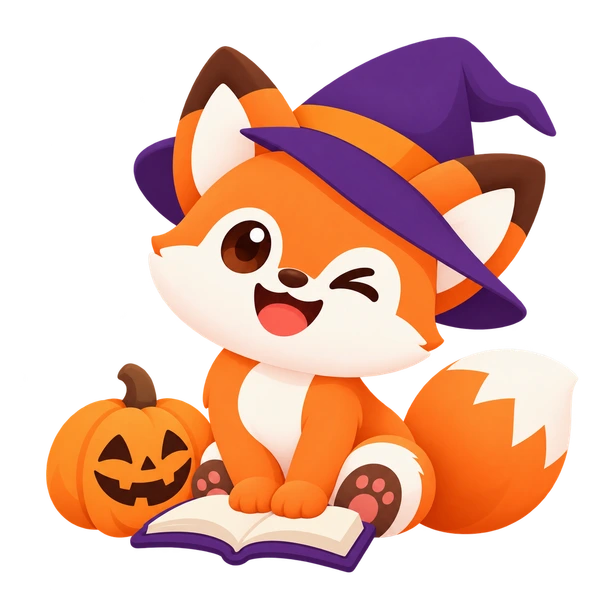 Foxi hóa trang phù thủy bên bí ngô Halloween