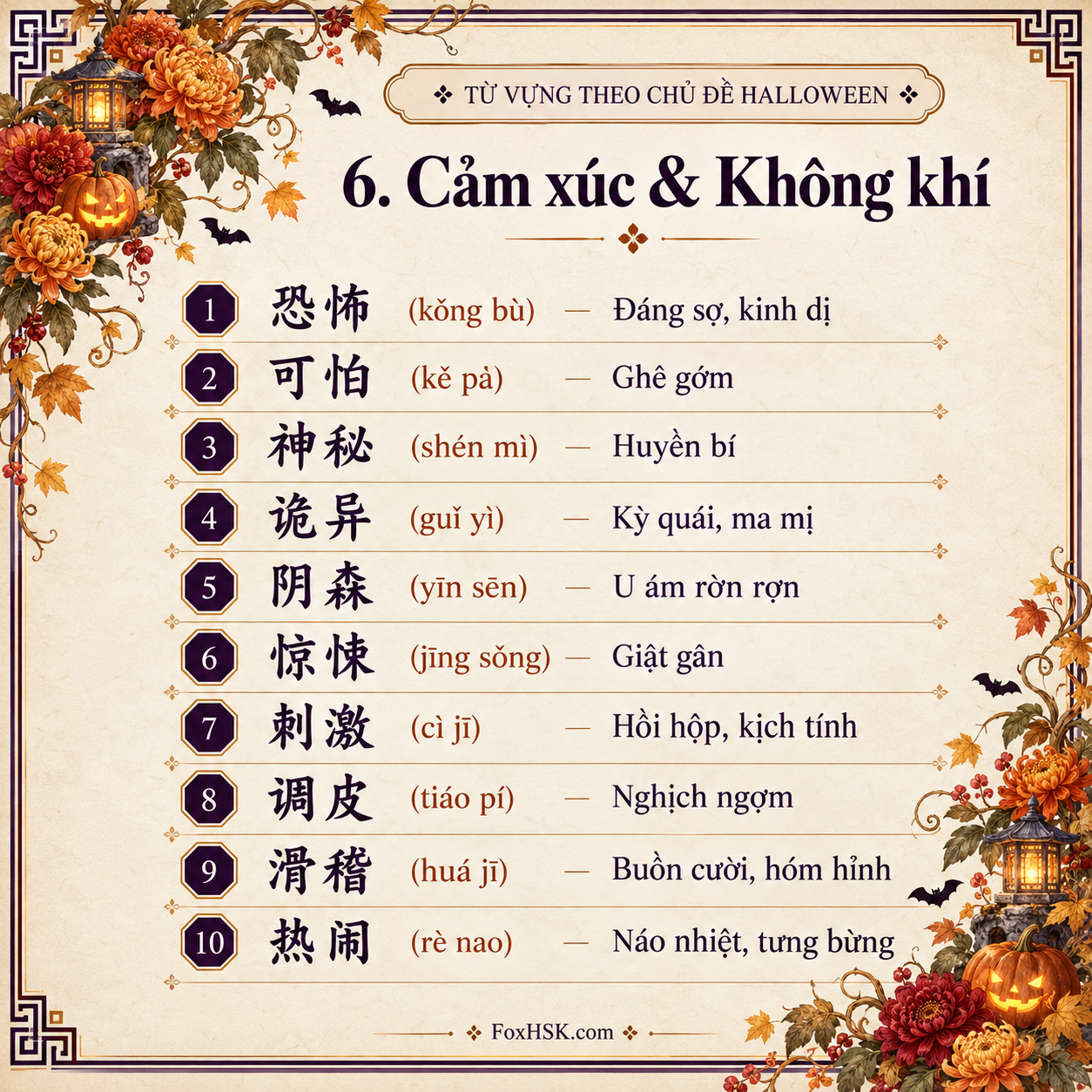 Từ vựng cảm xúc và không khí Halloween tiếng Trung